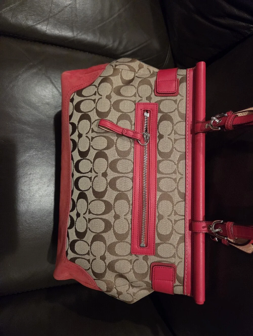 Coach Brown Signature Satchel with Pink Trim